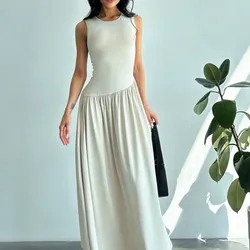 Vestido largo para mujer sin mangas con cuello redondo y sólido, con pliegues en la cintura