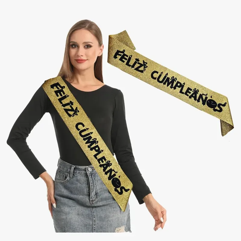 Banda feliz cumpleaños dorada escarchada 