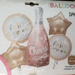Set de globos botella cheers rosa oro 