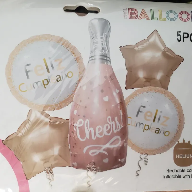 Set de globos botella cheers rosa oro 