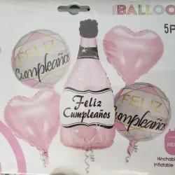Set de globos botella rosada feliz cumpleaños 