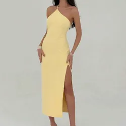 Vestido amarillo largo espalda descubierta 