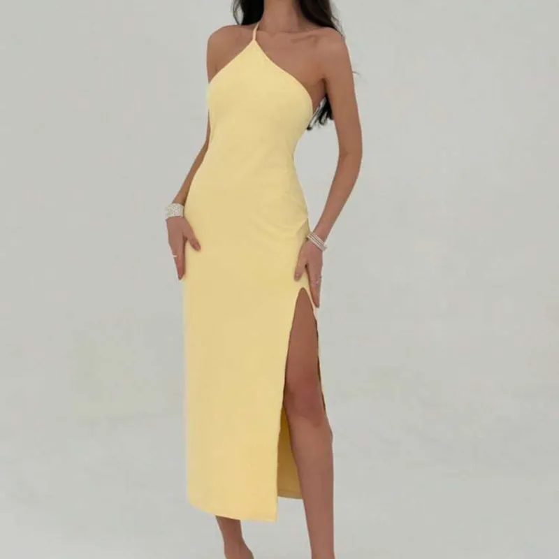 Vestido amarillo largo espalda descubierta 