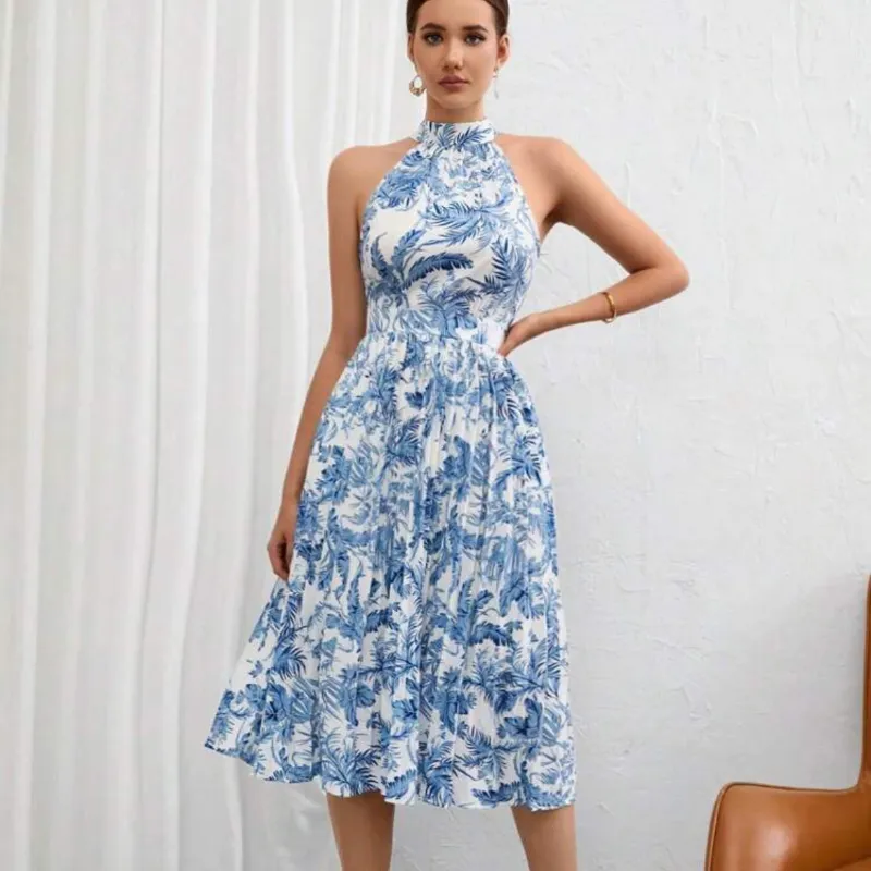 Vestido azul floral amarre en el cuello 