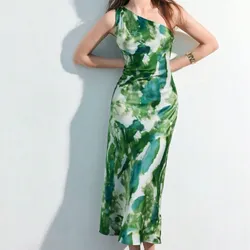 Vestido de satin verde y blanco tropical 