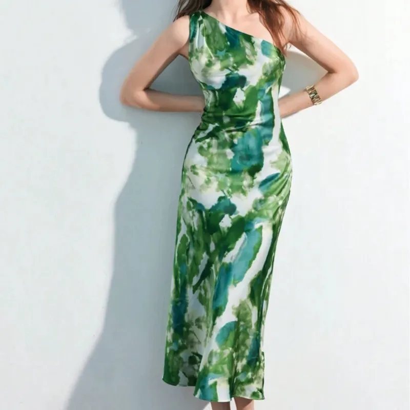 Vestido de satin verde y blanco tropical 