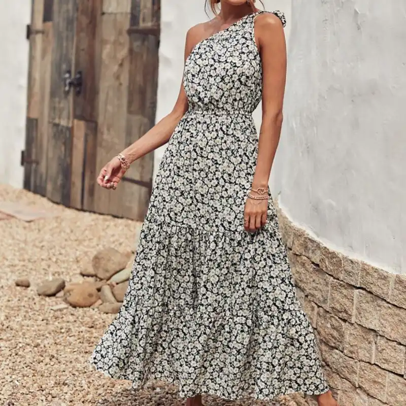 Vestido largo de flores amarre en un hombro 