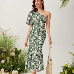 Vestido verde y blanco largo, hombro bombacha 