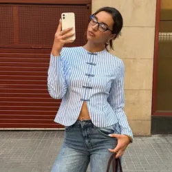 Blusa Azul Rayada Lazos Traseros