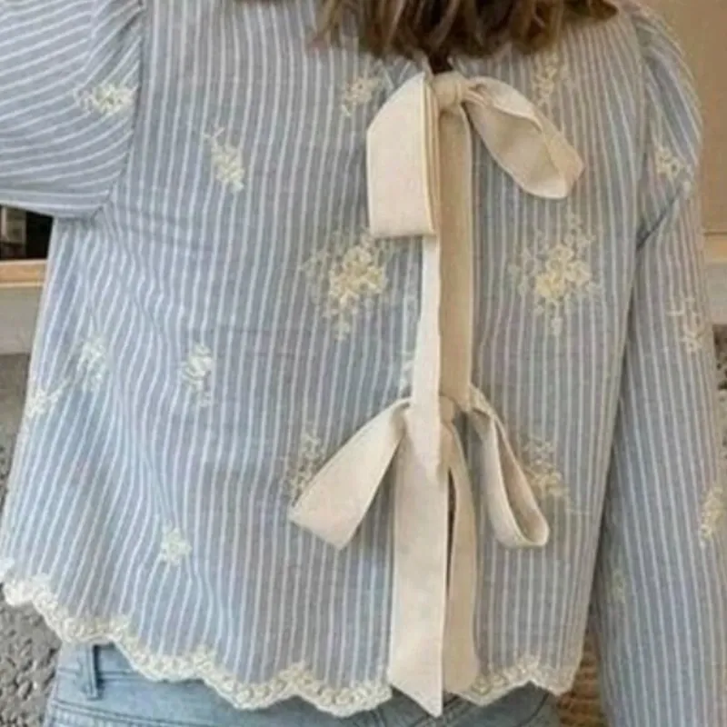 Blusa Azul Rayas y Bordados