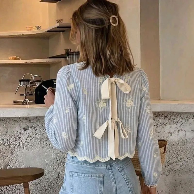 Blusa Azul Rayas y Bordados