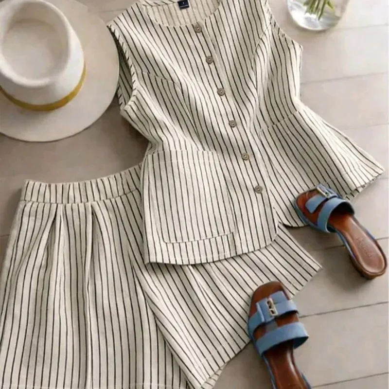 Conjunto short/ camisa tejido a rayas