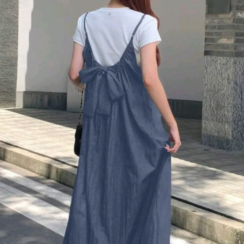 Maxi vestido con lazo/ Azul