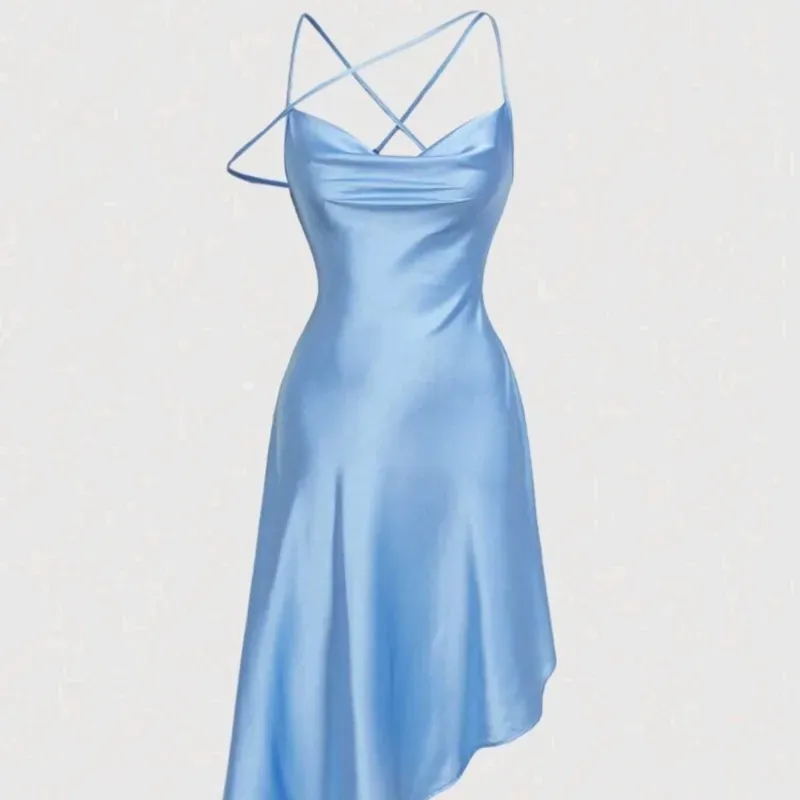 Vestido azul asimétrico/ Satén