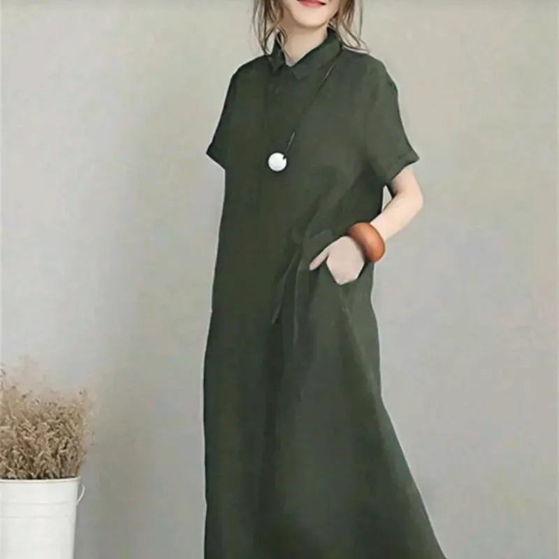 Vestido camisero con lazo/Verde olivo