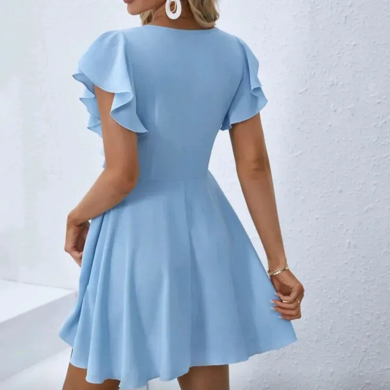 Vestido fruncido cuello V/ Azul