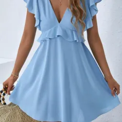 Vestido fruncido cuello V/ Azul