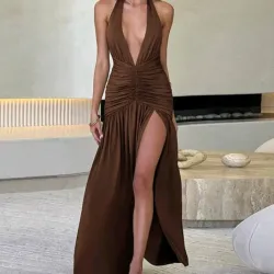 Vestido largo con cuello V/Marrón