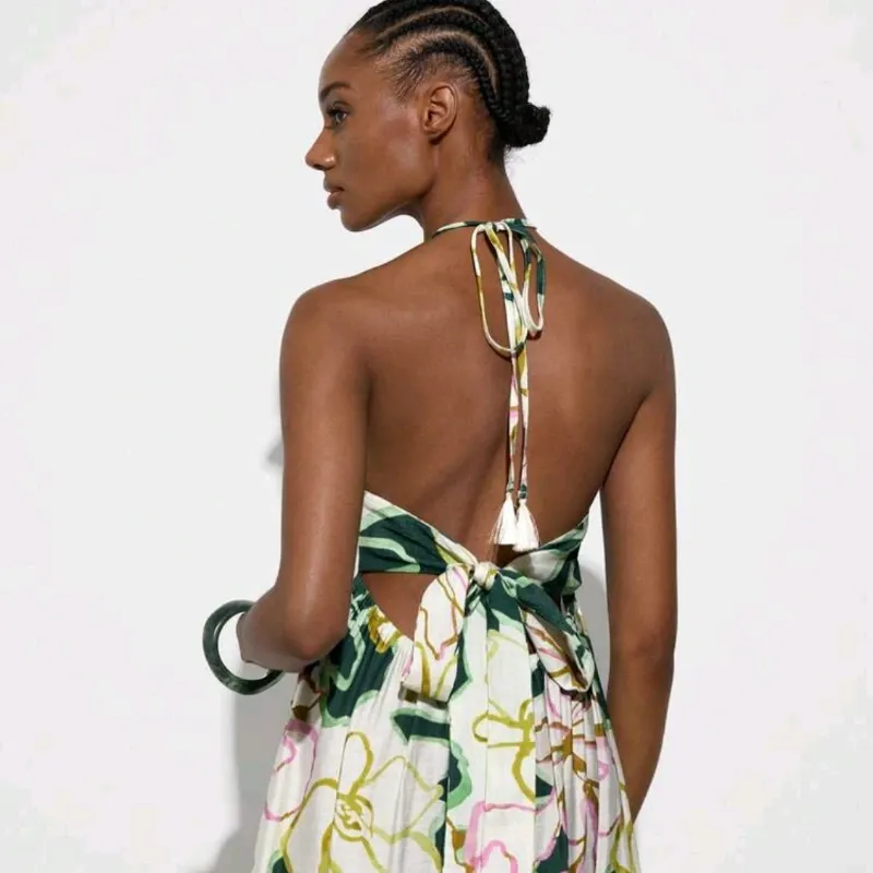 Vestido Largo Estampado de Cuello Halter