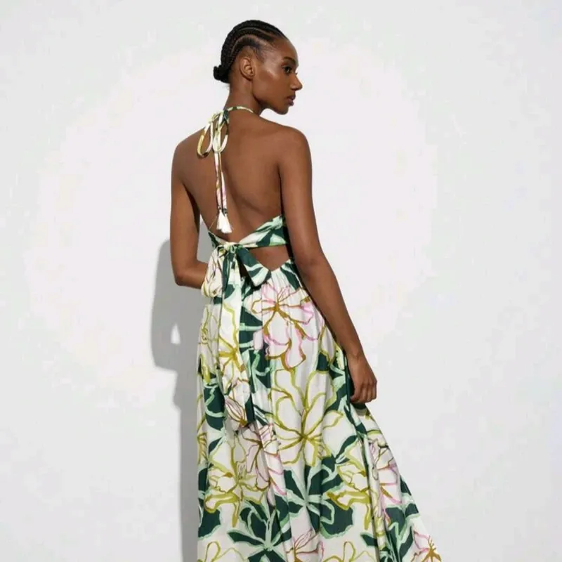 Vestido Largo Estampado de Cuello Halter