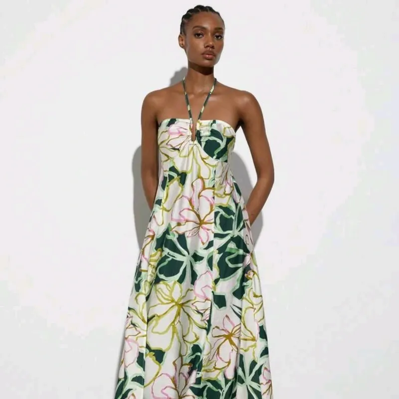 Vestido Largo Estampado de Cuello Halter