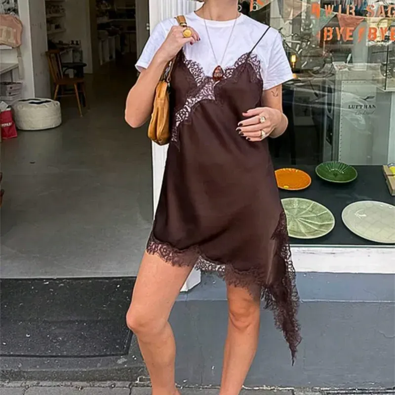 Vestido lencero encaje/ Marrón 