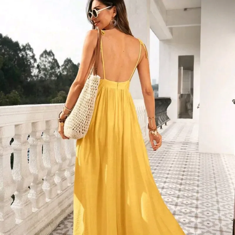 Vestido maxi cuello V/ Amarillo