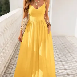 Vestido maxi cuello V/ Amarillo