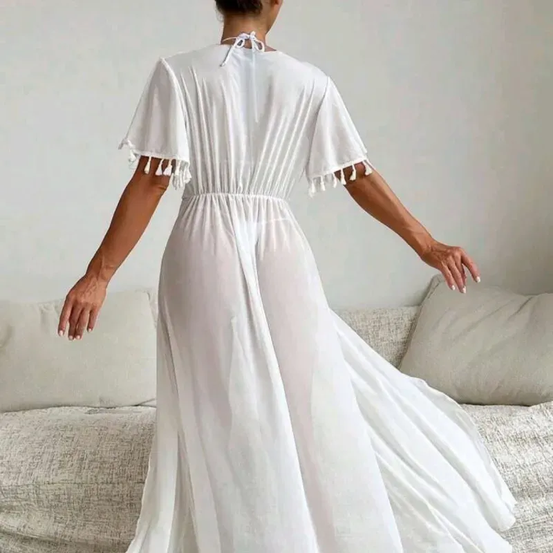 Vestido pareo -Mangas fleco/ Blanco