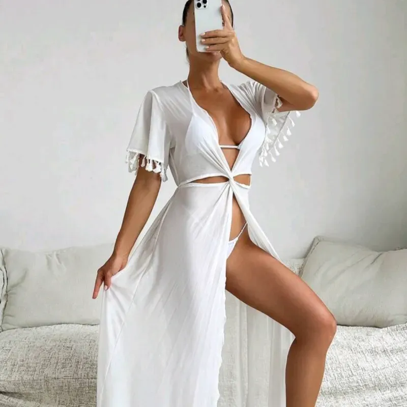 Vestido pareo -Mangas fleco/ Blanco