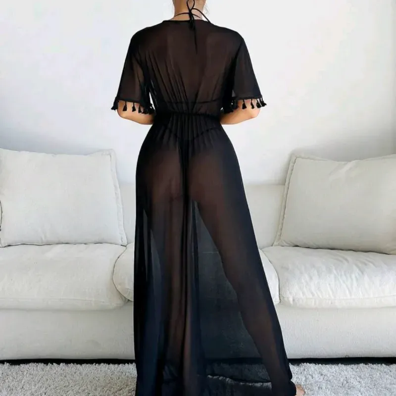 Vestido pareo -Mangas fleco/Negro