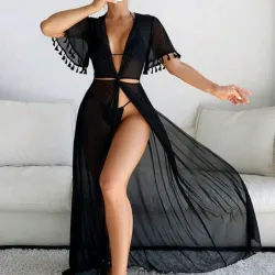 Vestido pareo -Mangas fleco/Negro