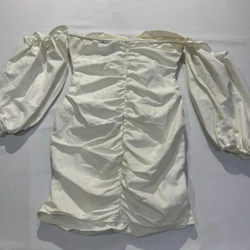 Vestido Blanco Off Shoulder Fruncido Mangas 3/4
