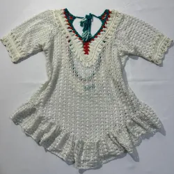 Vestido de Playa Tejido con Detalles Rojo y Azul