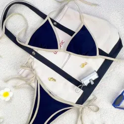 Bikini Azul Oscuro Bordes Beige
