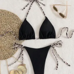 Bikini Negro Tiras Animal Print