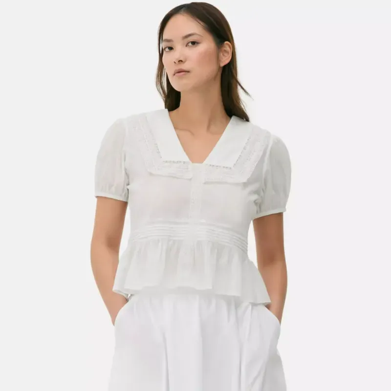 Blusa Blanca Manga Corta Cuello en V 