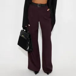 Pantalon Amplio de Mezcla de Lana Rojo Vino 