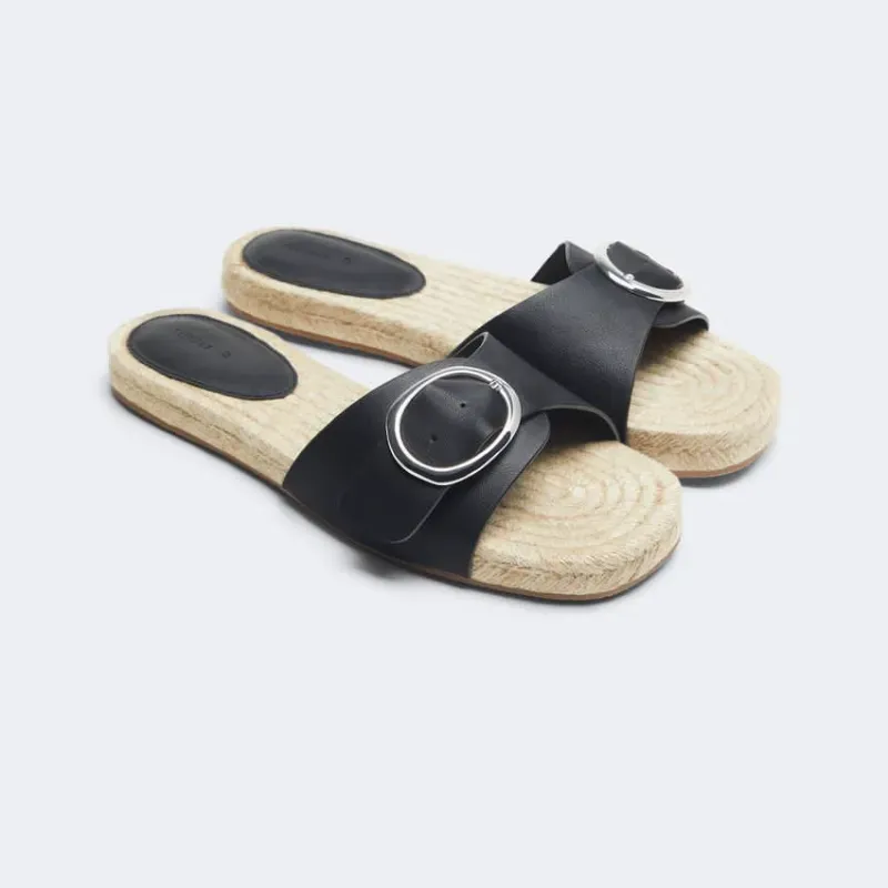 Sandalias Negras Planas con Hebilla 