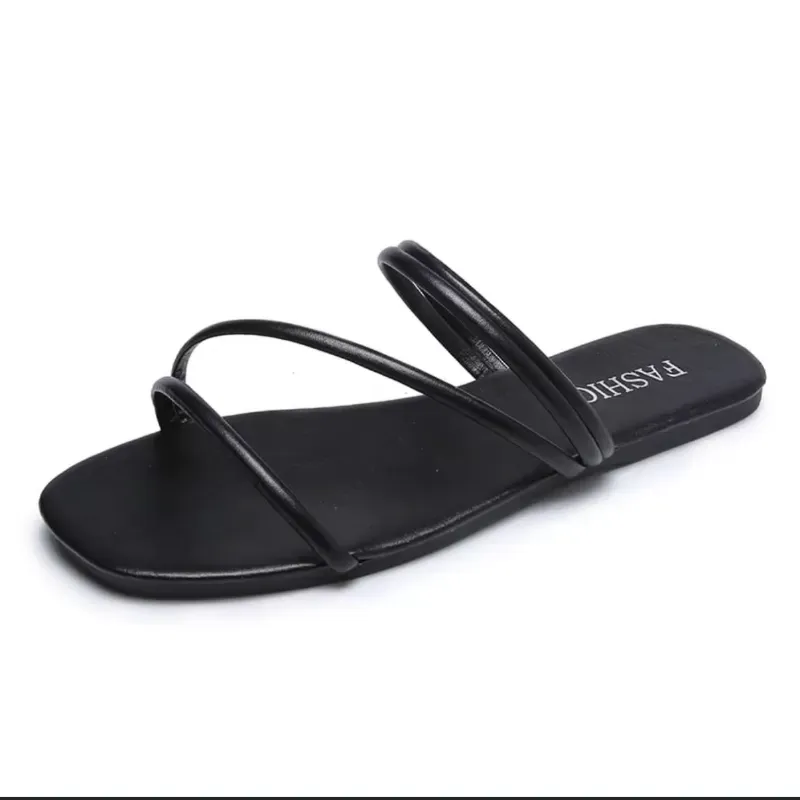 Sandalias Negras Planas de Tiras Finas 