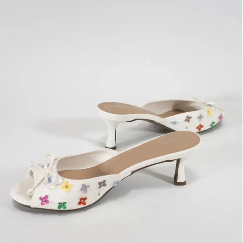 Tacones Descalzados Blancos Estampado Floral