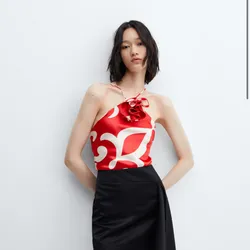 Top Satinado Estampado Rojo de Flor