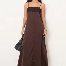 VESTIDO ASOS LARGO MARRÓN CON ENCAJE