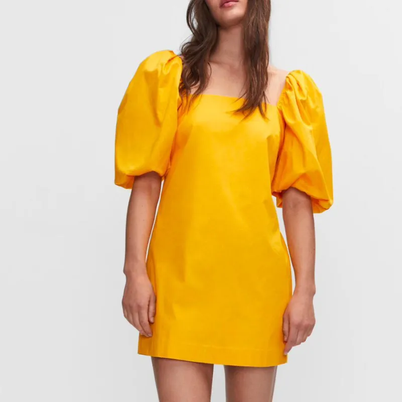 Vestido Color Mostaza Mangas Abullonadas