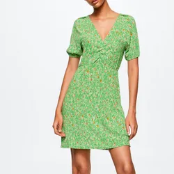 Vestido Corto Mangas Abullonadas Verde Estampado