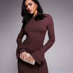 Vestido Corto Marron Manga Larga Volante Ajustado