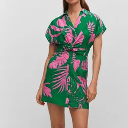 Vestido Estampado Verde y Rosa Nudo Delantero