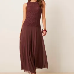 Vestido largo marrón chocolate sin mangas de encaje con falda de malla