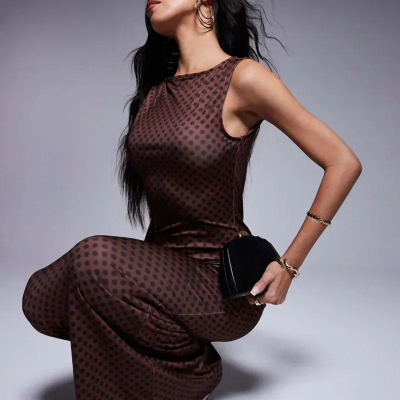 Vestido Largo Marron Lunares Negros