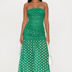 Vestido Largo Verde de Tirantes Patrón de Bolas Blancas